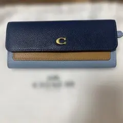 COACH レザー 長財布 ネイビー/ブラウン/ライトブルー