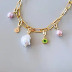 大粒 バロックパール チェーンネックレス マンテル ラッキーチャーム 5月