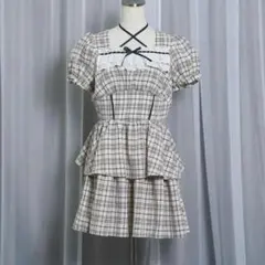 HoneyCinnamon デコルテリボン配色チェックワンピース ネイビー - メルカリ