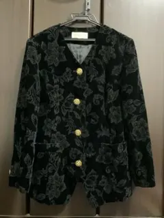 古着 黒 ベロア フラワーパターン ノーカラージャケット レトロ クラシカル
