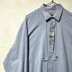 デザインシャツ　チロリアン　刺繍　ボタニカル　ライトブルー　アート　トレッキング