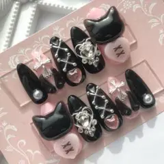 ネイルチップ 量産型 地雷 サブカル 天使界隈 ピンク 黒 ハート 猫 十字架