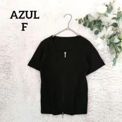 アズール 半袖リブニット(F)黒 ジップアップ スクエアネック スリム 軽量