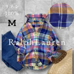 【美品 】ラルフローレン マドラスチェック リネン100%シャツ ホース刺繍のサムネイル