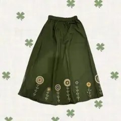 森ガール　ロングスカート　刺繍　お花　スカート　カーキ　フェアリーグランジ