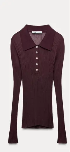 【試着のみ】ZARA ファインニット リブトップス シアー バーガンディ S