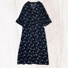 フーズフーギャラリー　Vネック 花柄 ロングワンピース　七分袖　ネイビー　F