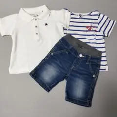 ポロシャツ・ストライプTシャツ・デニムパンツセット