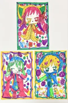 子供が描いた絵 女の子 3枚セット イラストアート 手描きイラスト