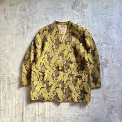 総柄ジャケット ノーカラー M ペイズリー ジャガード イエロー レトロ 派手目