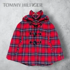 【TOMMY HILFIGER】　ポンチョ　コート　ケープ　中綿　チェック　赤