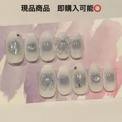 現品　ネイルチップ　リボン　ブルー　蝶　ハート　チークネイル　y2k ワンホン