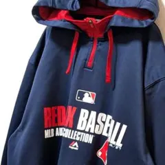 マジェスティックMLBレッドソックス ハーフジップ パーカーネイビー紺色L古着