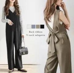 AMELY バックリボンVネックサロペット　カーキブラウン