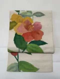 名古屋帯 花柄 椿風 クリーム色