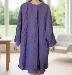 美品 エイチケーワークスロンドン チュニック M 紫 ボタン付き 7分袖