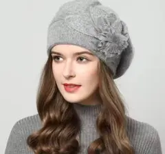 ベレー帽 ニット帽 防寒 ファッション 韓国 グレー花おしゃれ 冬　エレガント