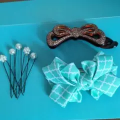 【新品】ティファニーブルー色リボンバレッタと パール付きヘアピンセット