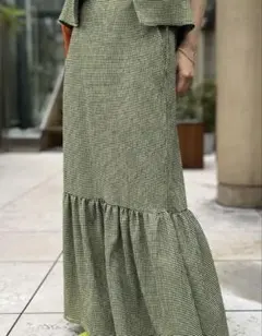 フレアロングスカート ギンガムチェック グリーン系