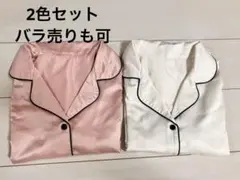 ジーユー　サテンパジャマ　半袖　ピンク　アイボリー　L ※上のみ