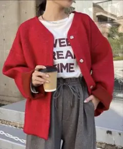 リバーシブル配色ヤクライクニットジャケット 赤