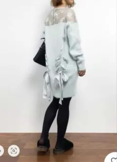 【SNIDEL】シースルーレースブロッキングニットワンピース　春色アンゴラ　水色