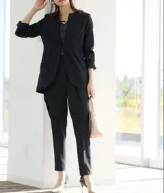 RANAN ペプラムデザイン 洗える ジャケットセットアップ L ブラック 上下