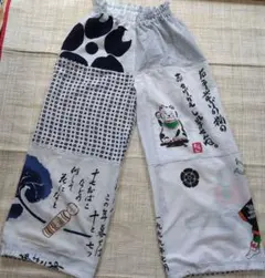 猫柄と浴衣と風神雷神柄の柿渋染めゆったりタックパンツ 手ぬぐい 