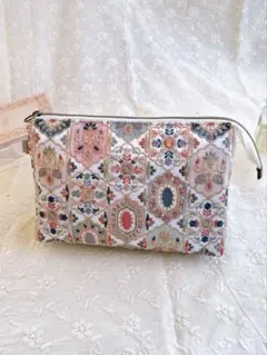 【新作】インド刺繍リボンのふたごポシェット/グレー×華やか刺繍 / ショルダー付