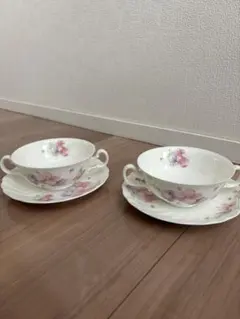 ノリタケ　花柄 スープカップ＆ソーサー 2客セットのサムネイル
