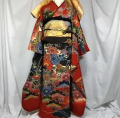 着物　振袖フルセット　振袖　宮崎紅型　赤×黒地　落款有　成人式　卒業式
