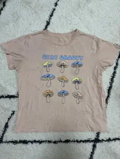 キノコ柄プリント ピンクTシャツ　【フリーサイズ】　難あり