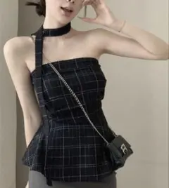 韓国風夏用ノースリーブチューブトープチェック柄短めキャミソールタンクトップ