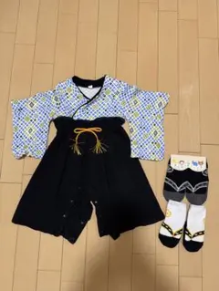 ベビー用袴 ロンパース 80cm ブルー　足袋風靴下2足付き