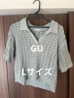 GU 透かし編み 半袖ポロシャツ ライトグリーン Lのサムネイル