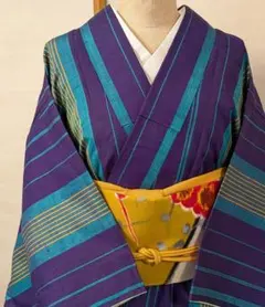 紫と青の縞のレトロな着物　裄62cm、身丈144cm　大正浪漫風