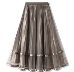 SHEIN ブラウン チュール ロングプリーツスカート サテンリボン　パール付き