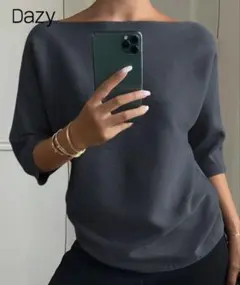 ボートネック　カットソー　リブニット　Tシャツ　Lサイズ　チャコールグレー