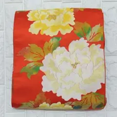 164　名古屋　九寸　名古屋仕立て　正絹　牡丹文様　昭和レトロ　リサイクル帯　絹