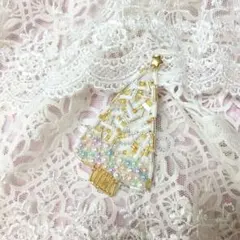 X'masツリー　ビーズ刺繍ブローチ　帯留め　パール　129