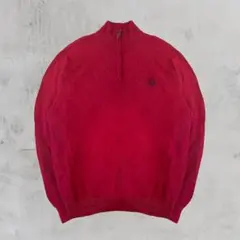 レッド ハーフジップ ニットセーター ワンポイントロゴ 古着 メンズ
