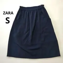 ZARA BASIC ひざ下丈スカート S ネイビー ザラ　ウエストゴムのサムネイル