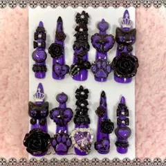 ♥現品♥ネイルチップ 紫 黒 地雷系 ゴスロリ バラ 平成女児 スーパーロング