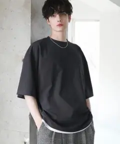 梨地ポケット付きクルービッグTシャツ＆ロングタンクトップアンサンブルセット