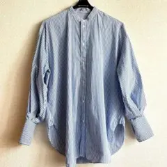 アーバンリサーチ バンドカラーシャツ ストライプ青 ゆったり春夏 オーバーサイズ