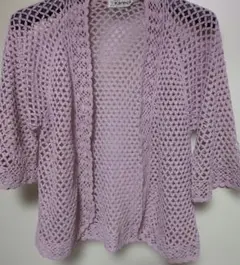 Karina ピンクのレース透かし編み五分袖レディースニットボレロカーディガンM