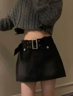 SHEIN ベルト付き デニムミニスカート ブラックのサムネイル