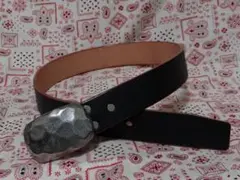 6ミリ厚 多脂革 ブラックベルト P44バックル(純銀メッキ燻し仕上 極厚ベルト