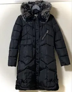 フォックスファー付きフード ブラックロングダウンコート　レディースL