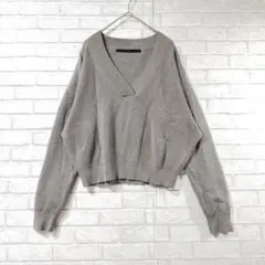 【KBF+】リブ編みVネック クロップド丈長袖ニット Fサイズ カジュアル